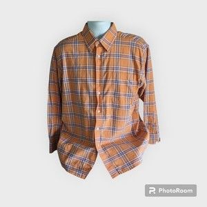 Duck Head Mens Large Shirt Pocket LS Orange Blue Plaid Cotton Missing 1 Button